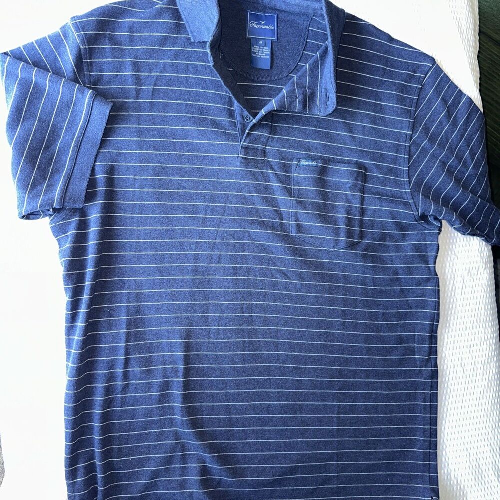 Faconnable Polo Shirt Men's M Navy Blue And White Striped Short Sleeve